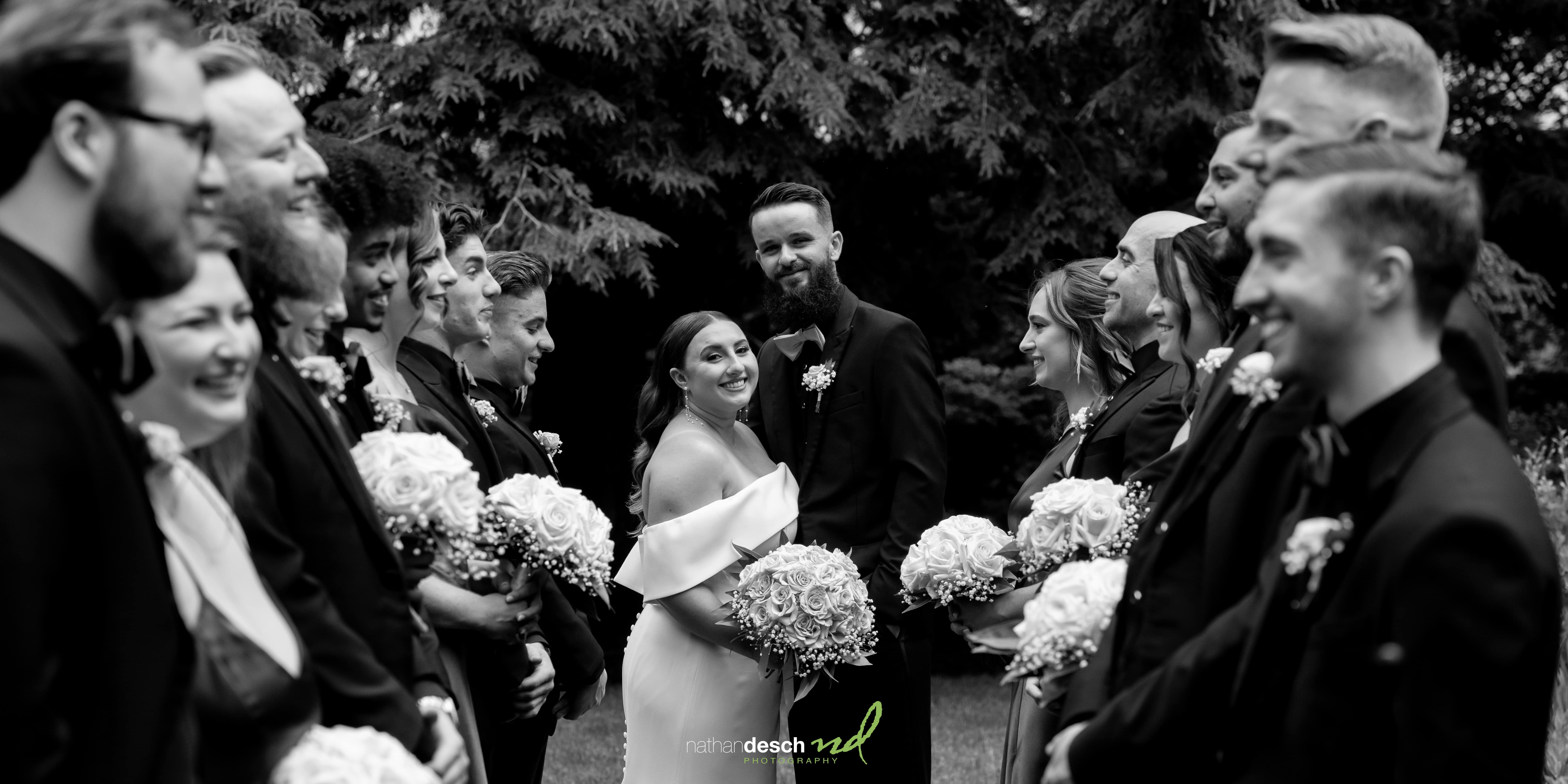 black and white picture of wedding party