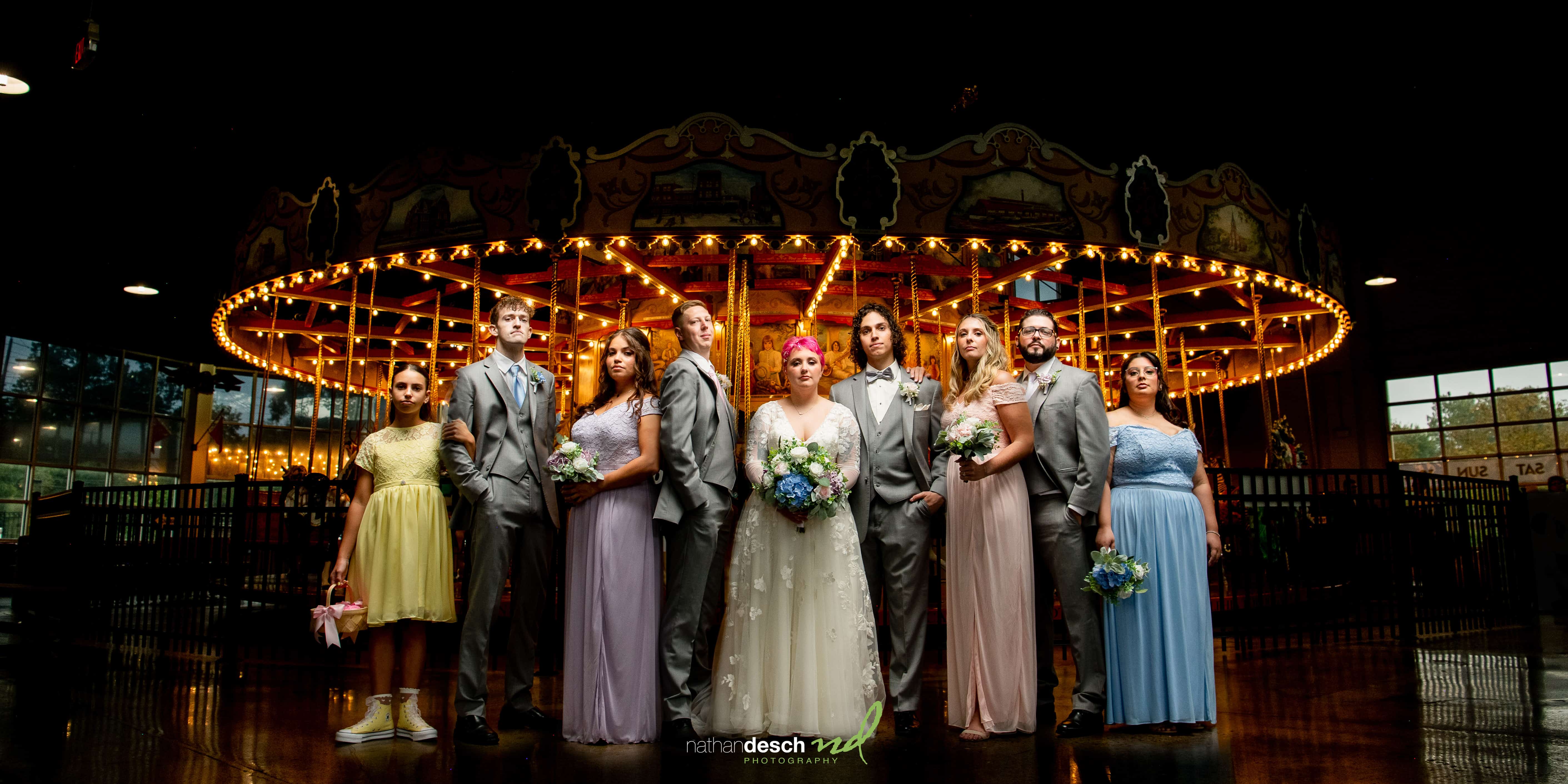 Wedding Party portrait by carousel