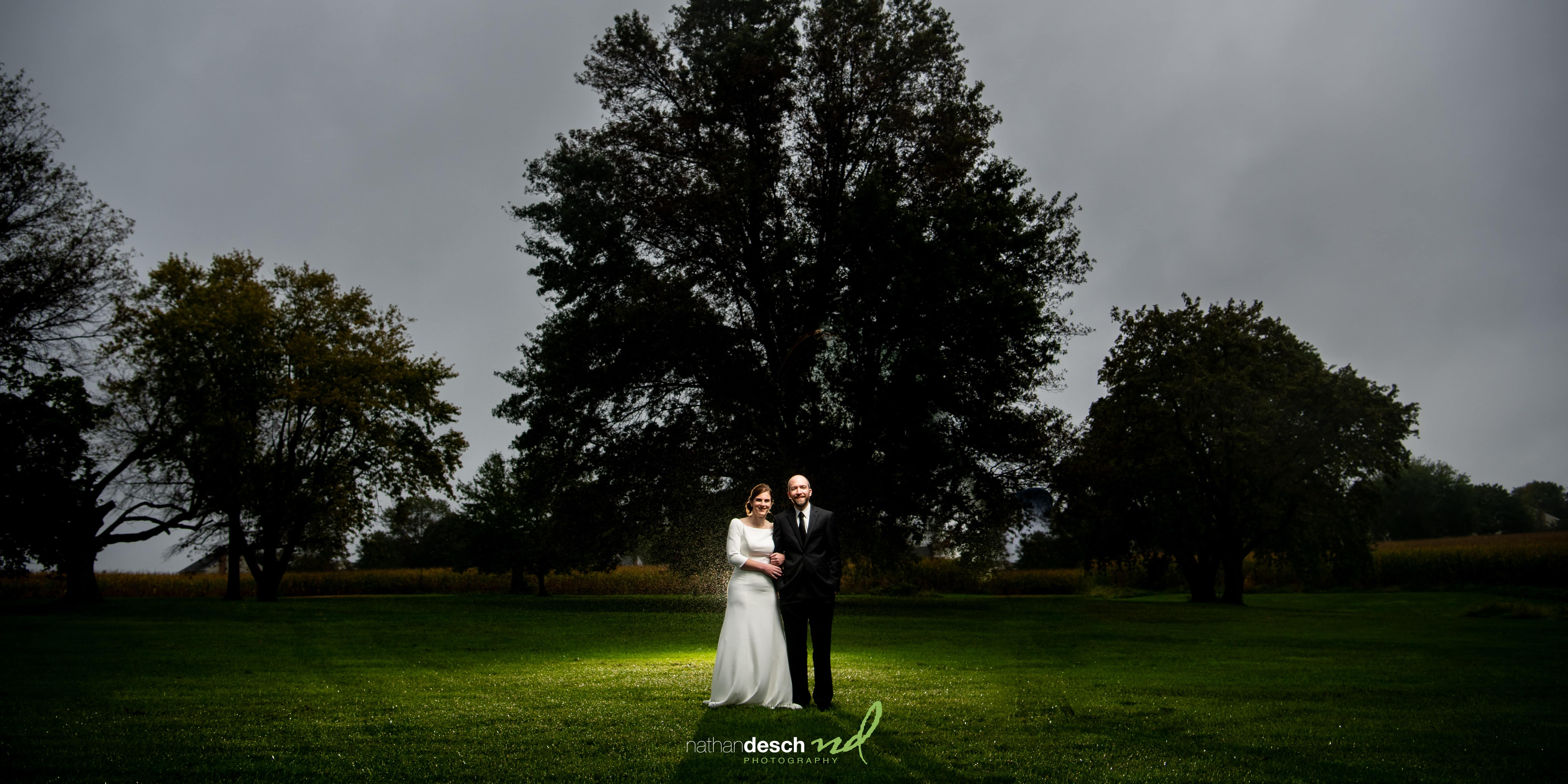 Rainy portrait of bride and groom